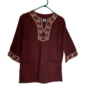 4/$25 Cotton Tunic Thai Blouse V Neck Embroidered Twine Front Pocket Women Top